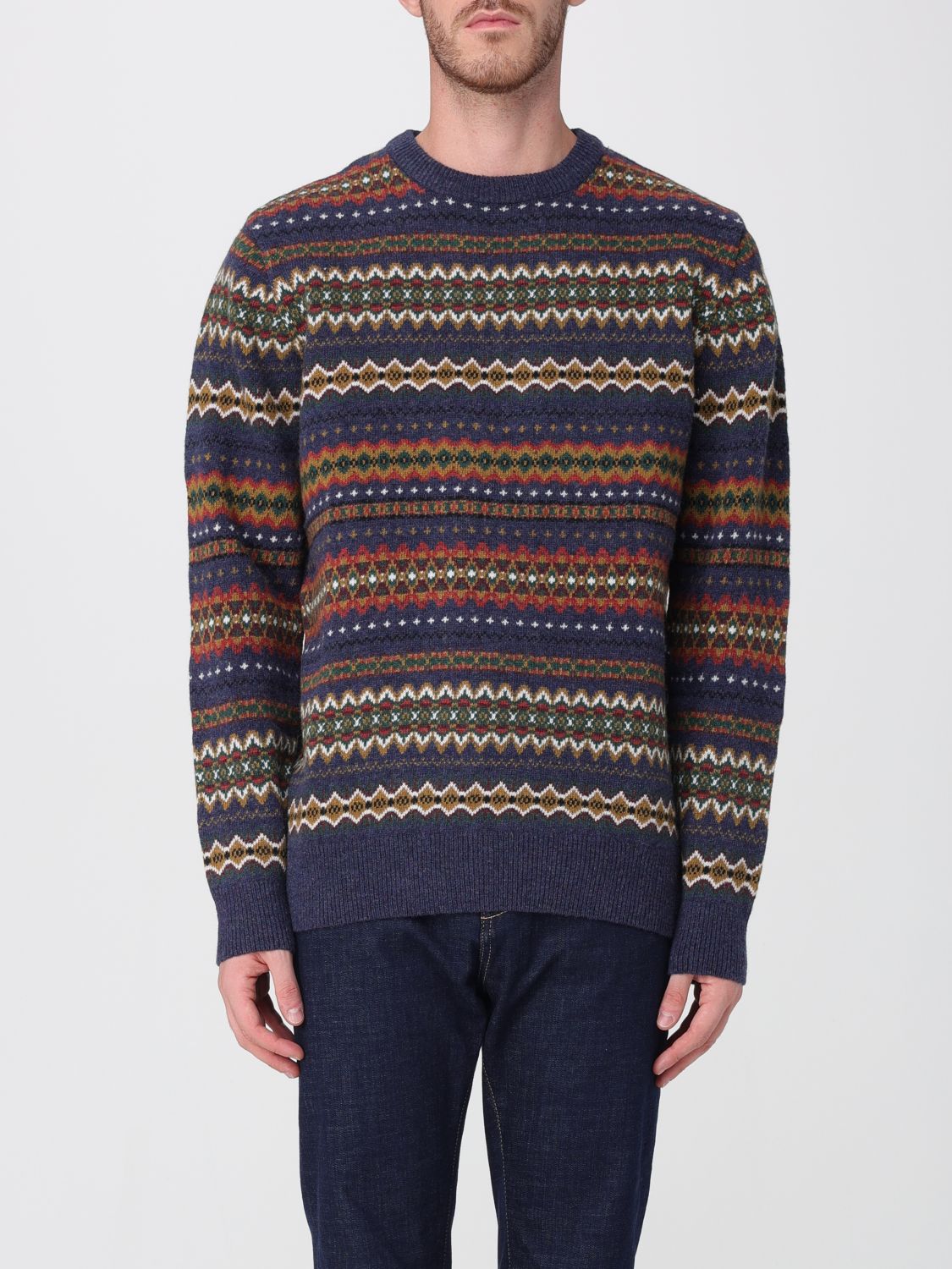 Barbour Graphic Print Crew Neck Wool Sweater In Blue