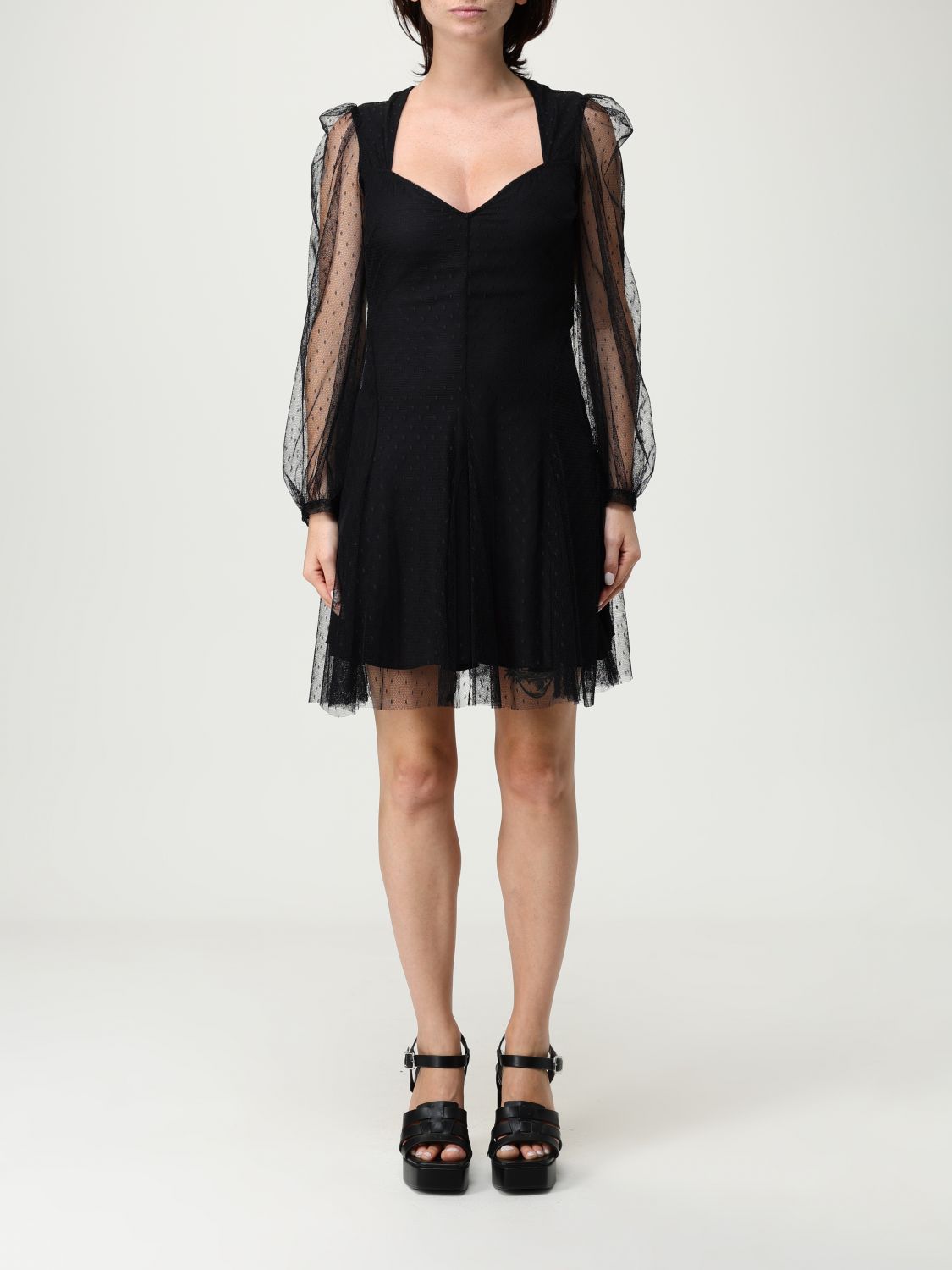 Twinset Polka-dot Puff-sleeve Mini Dress In Black