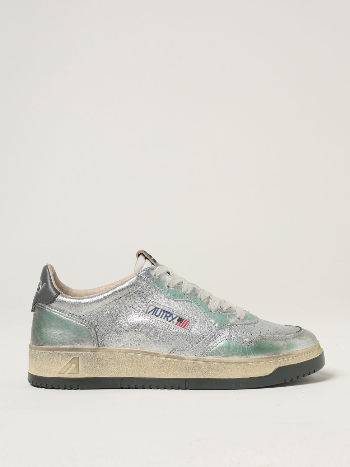 Autry Sper Vintage Metallic Leather Sneakers In Silver
