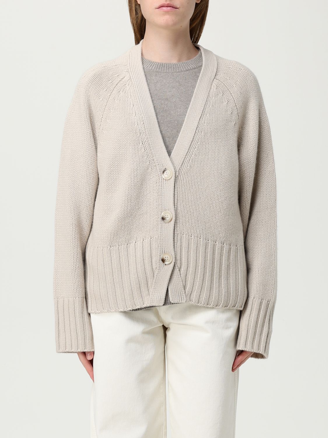 Soft Goat Beige Cardigan With V Neck And Ribbed Trims In Gray