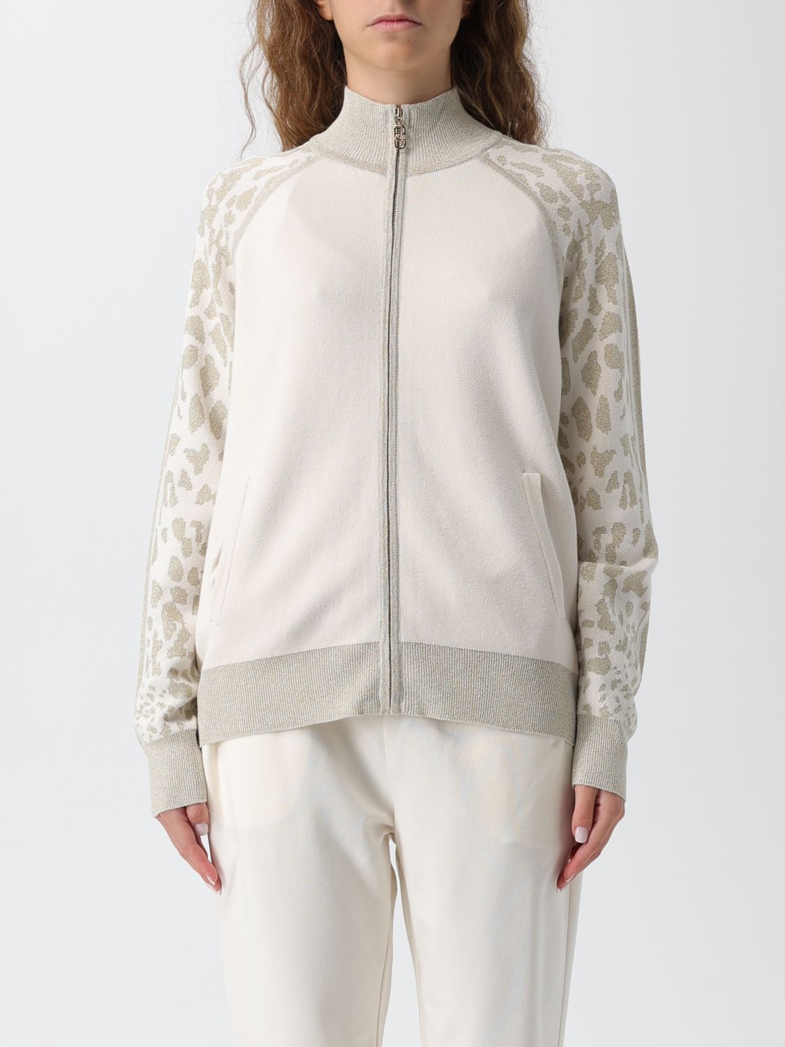 Liu •jo Liu Jo High Collar Zip-up Sweater With Subtle Leopard Print Detail In White