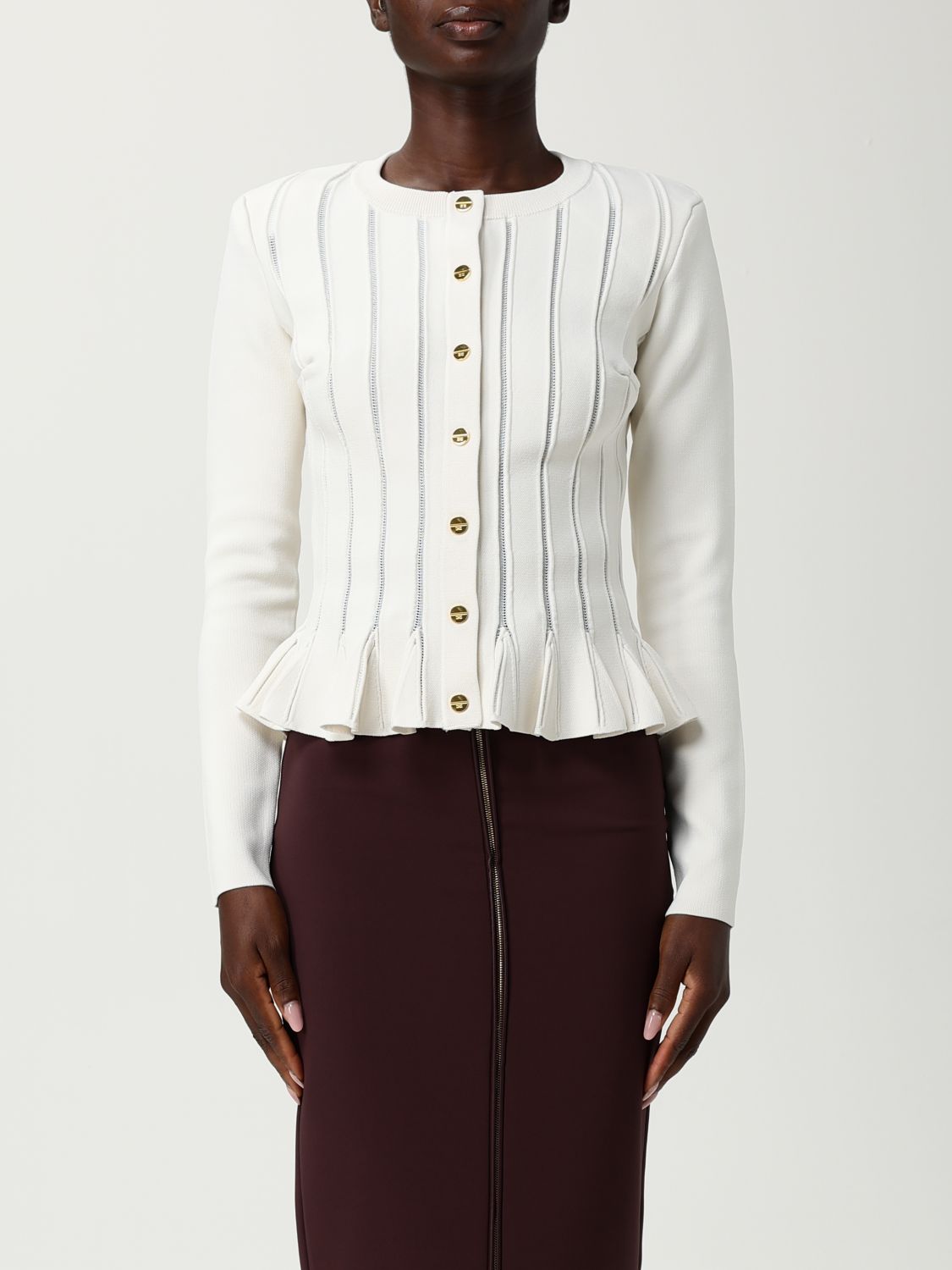 Elisabetta Franchi Ribbed Buttoned Cardigan In White