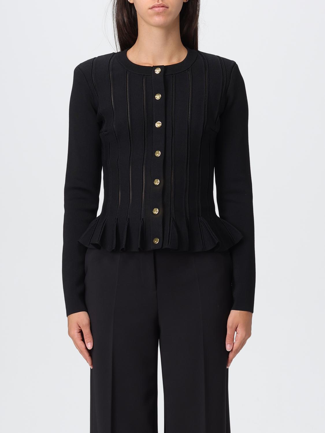 Elisabetta Franchi Tricot Pattern Sweater With Padded Shoulder Straps And Embroidered Hem In Black