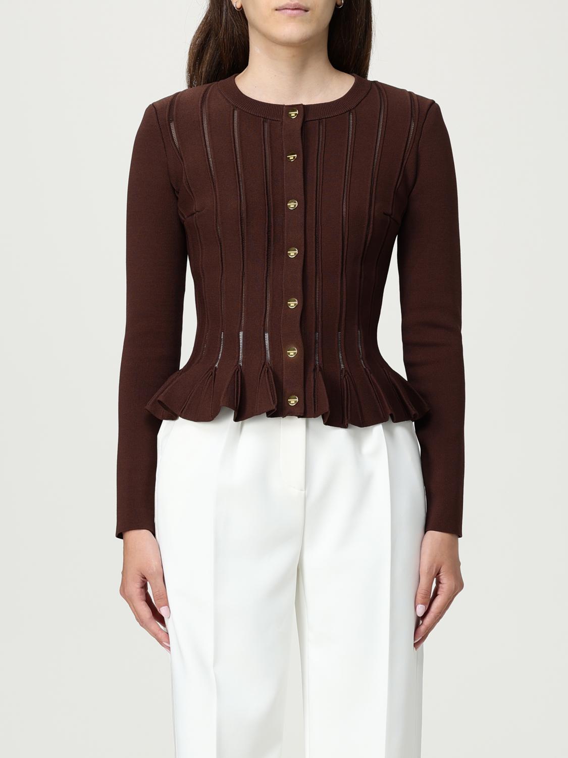 Elisabetta Franchi Textured Ribbed Fitted Cardigan With Peplum Hem In Brown