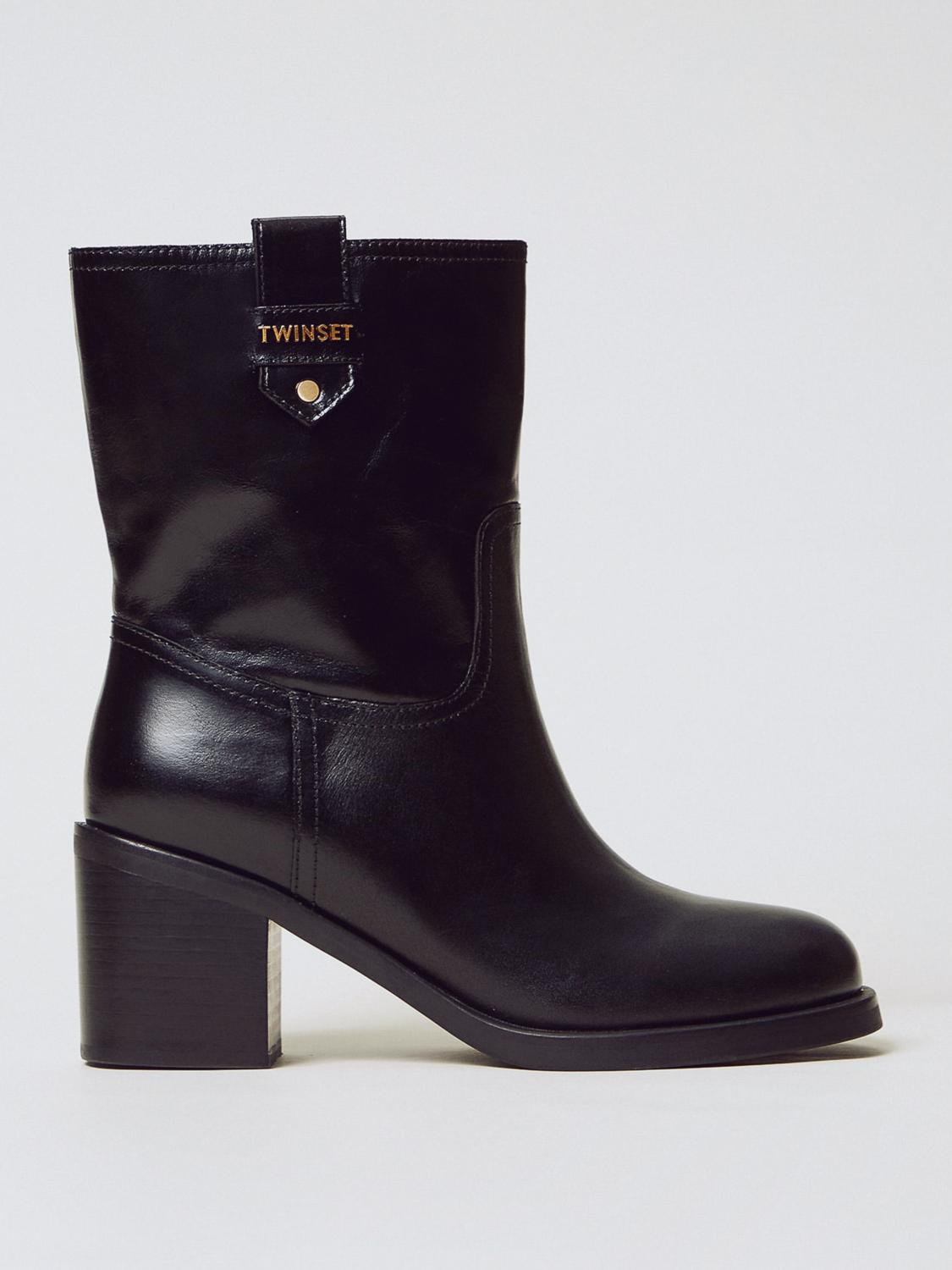 Twinset Twin-set Polished Leather Boots With Refined Heelsilhouette In Brown
