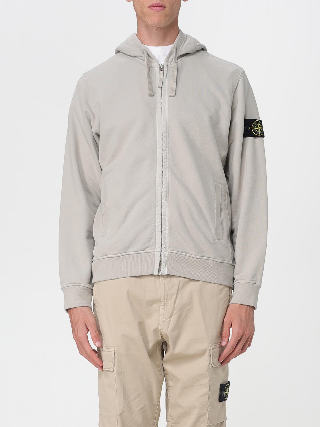 Stone Island Hooded Cotton Zip Sweatshirt In Gray