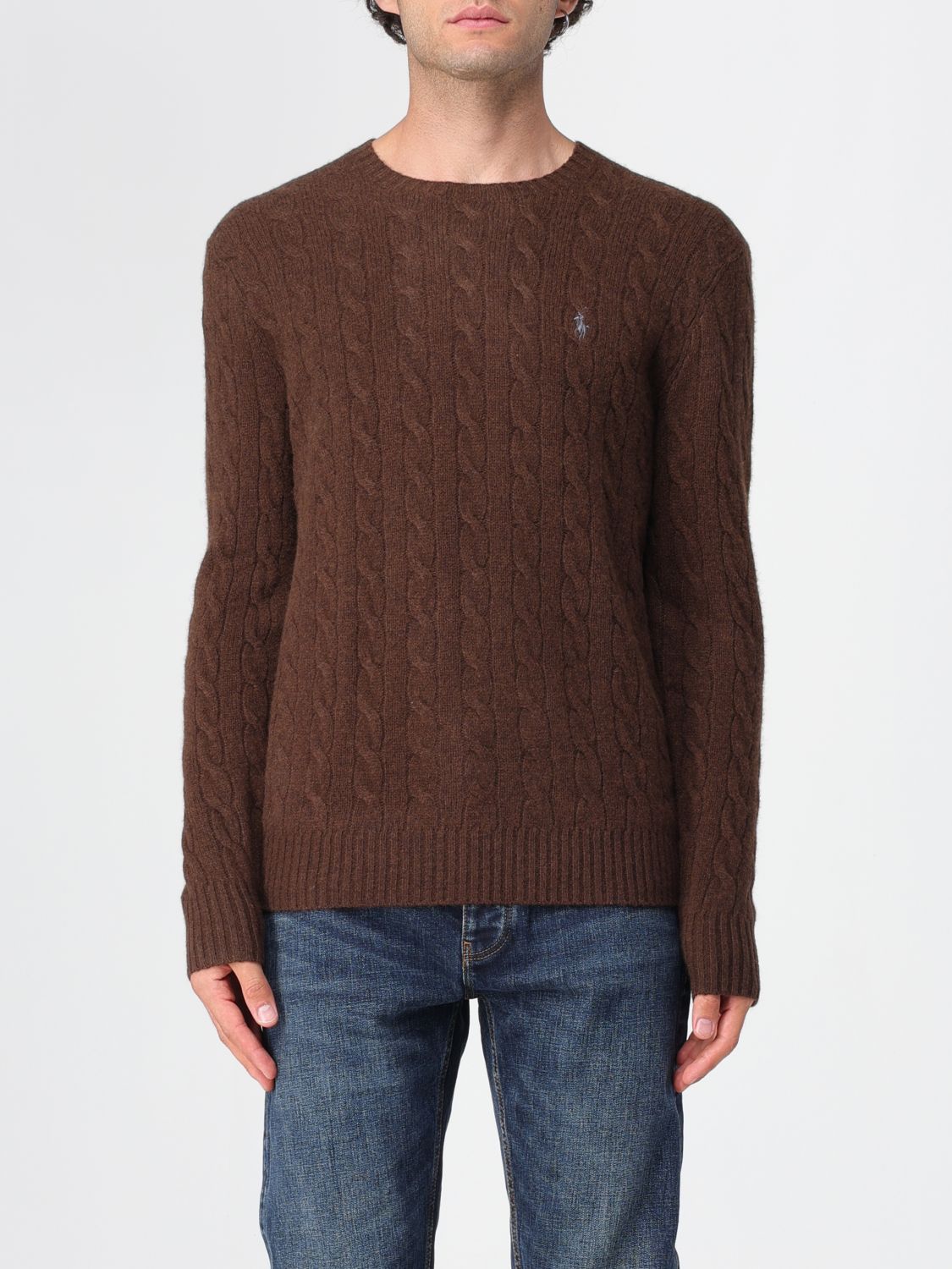 Polo Ralph Lauren Brown Cable-knit Sweater With Contrast Logo Embroidery In Brown