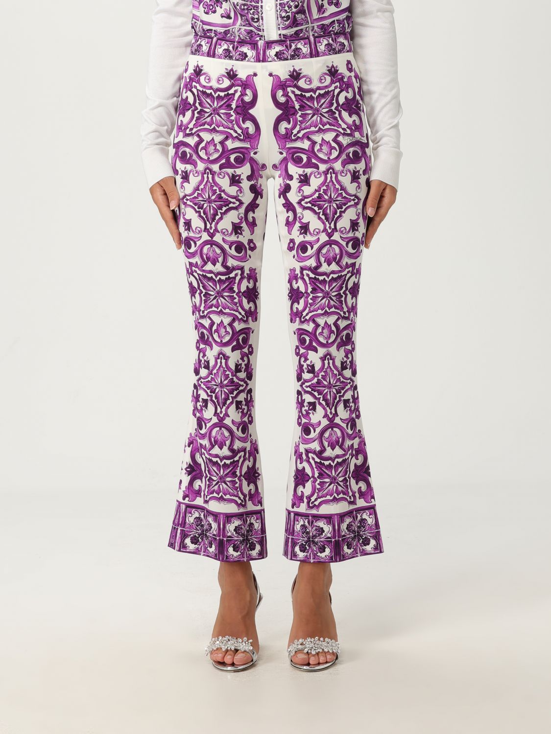 Dolce & Gabbana Maiolica Cropped Printed Silk-blend Flared Pants In Purple