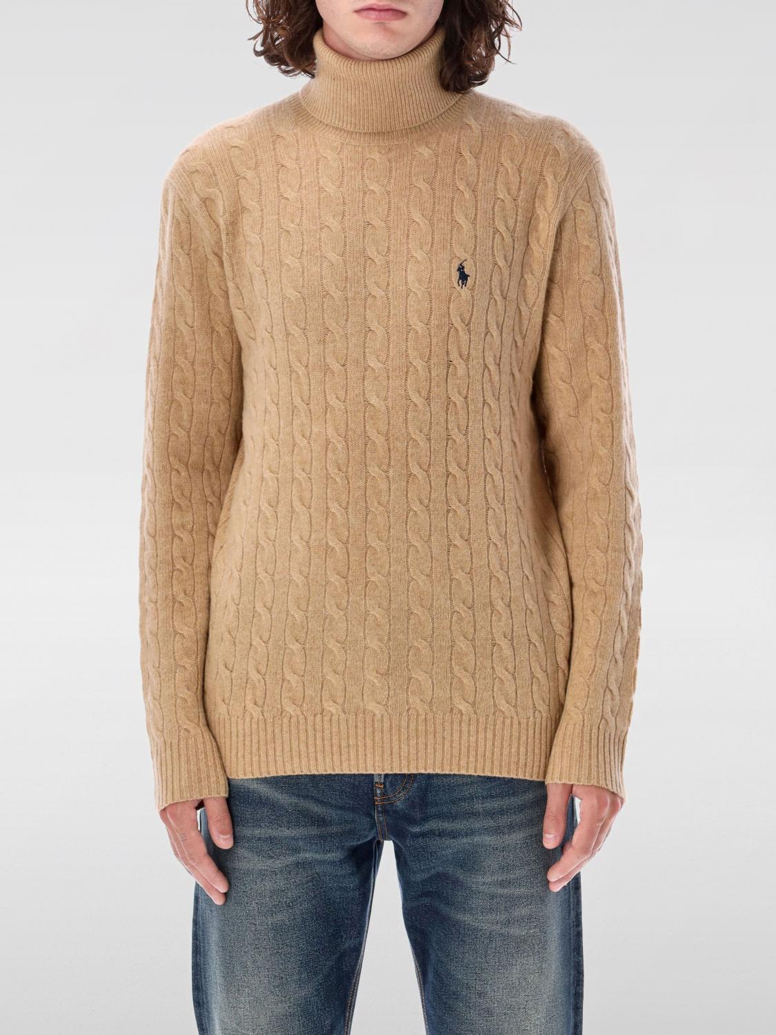 Polo Ralph Lauren Cable Knit Turtleneck Sweater With Embroidered Logo In Brown