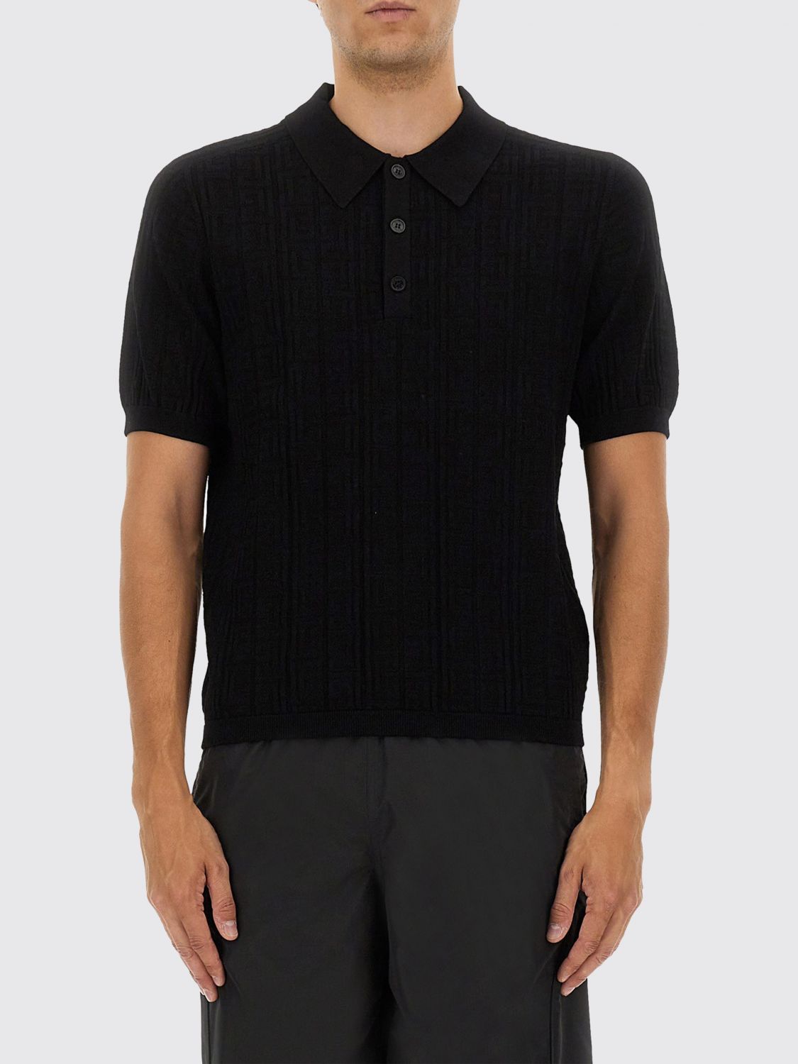 Balmain Textured Black Knitted Polo With Classic Collar In Black