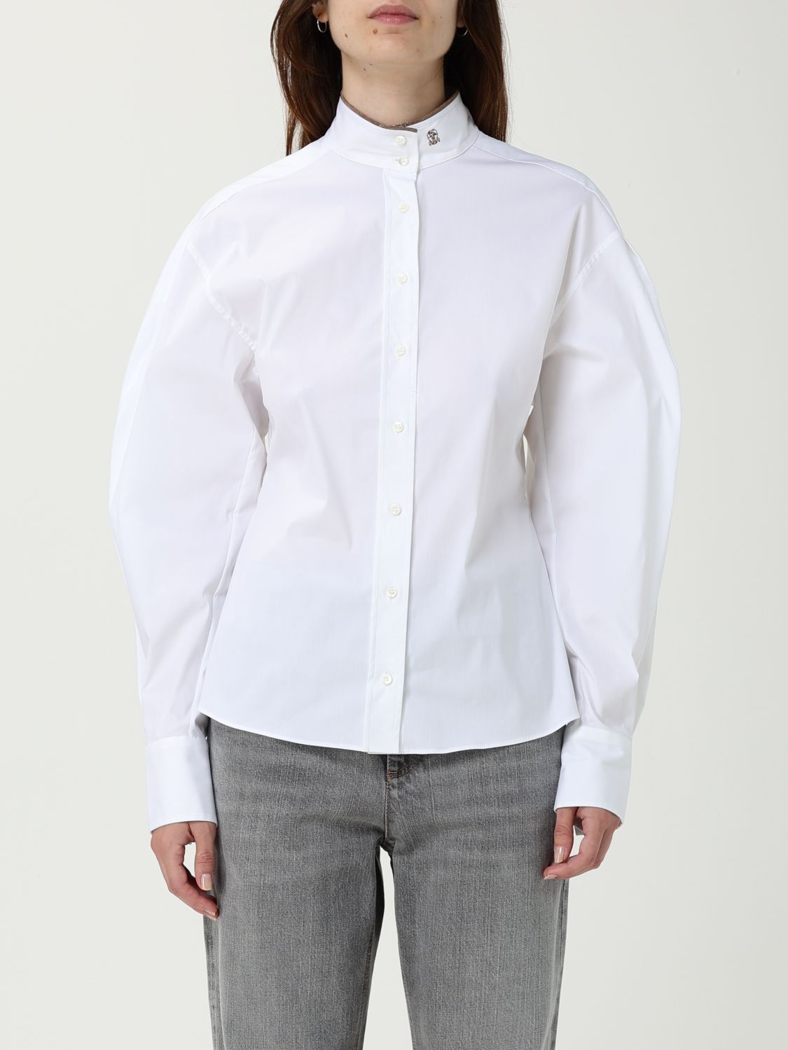 Brunello Cucinelli Stretch Cotton Poplin Shirt With Shiny Collar Detail Clothing In White