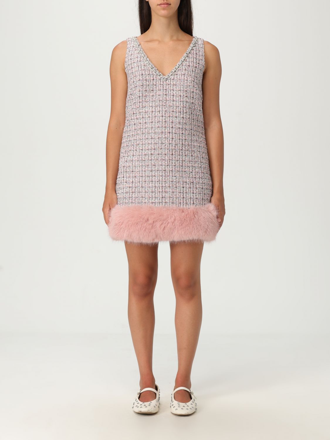 Self-portrait Embellished Fur-trimmed Dress In Pink