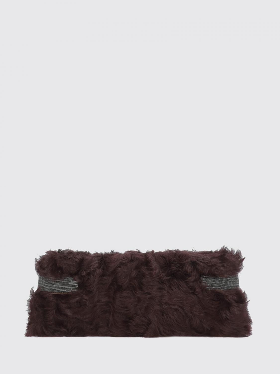 Brunello Cucinelli Rectangular Handbag Featuring Brass Accents In Burgundy