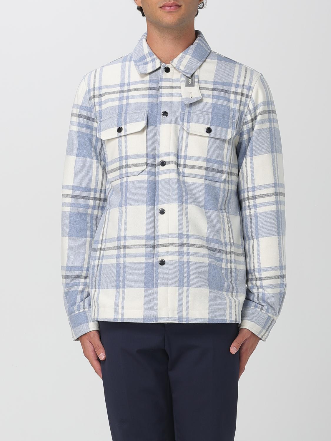 Woolrich Plaid Logo Jacket With Structured Collar In Blue