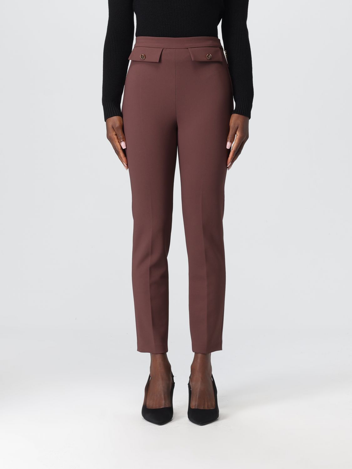 Elisabetta Franchi Cropped Trousers With Belt Loops And Buttoned Pockets In Brown
