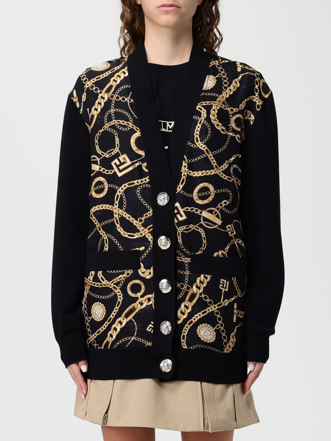 Balmain Chain Print Silk And Wool Cardigan In Black