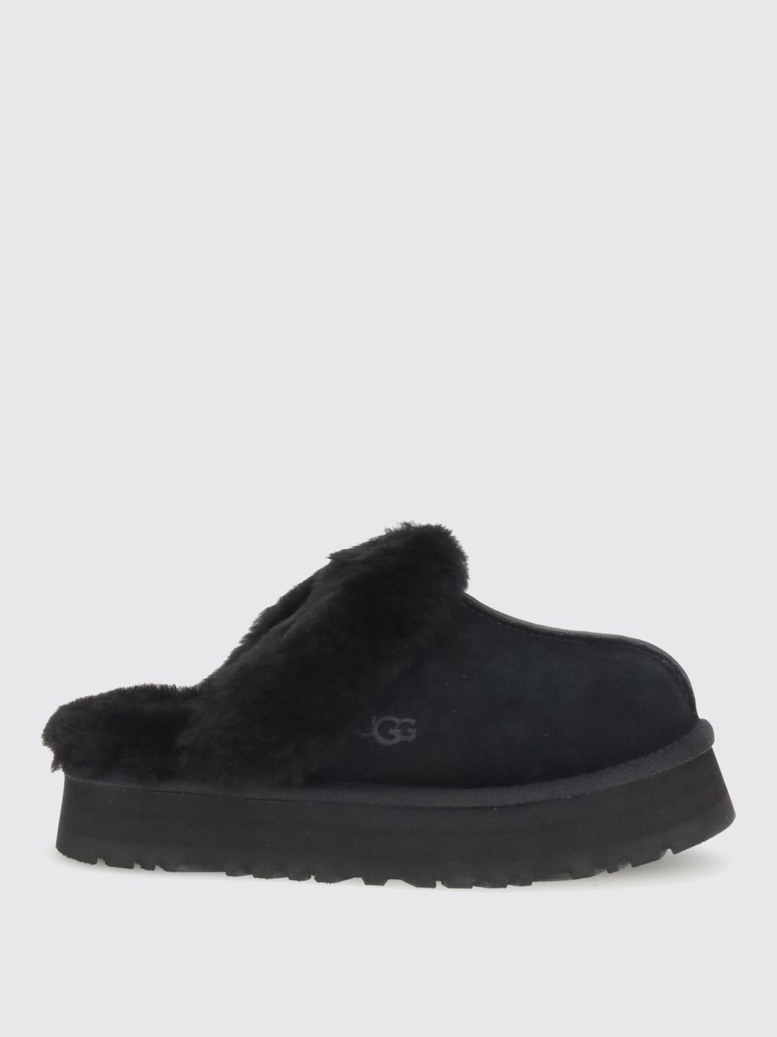 Ugg Plush Lined Black Slip-on Sandals With Thick Sole In Black