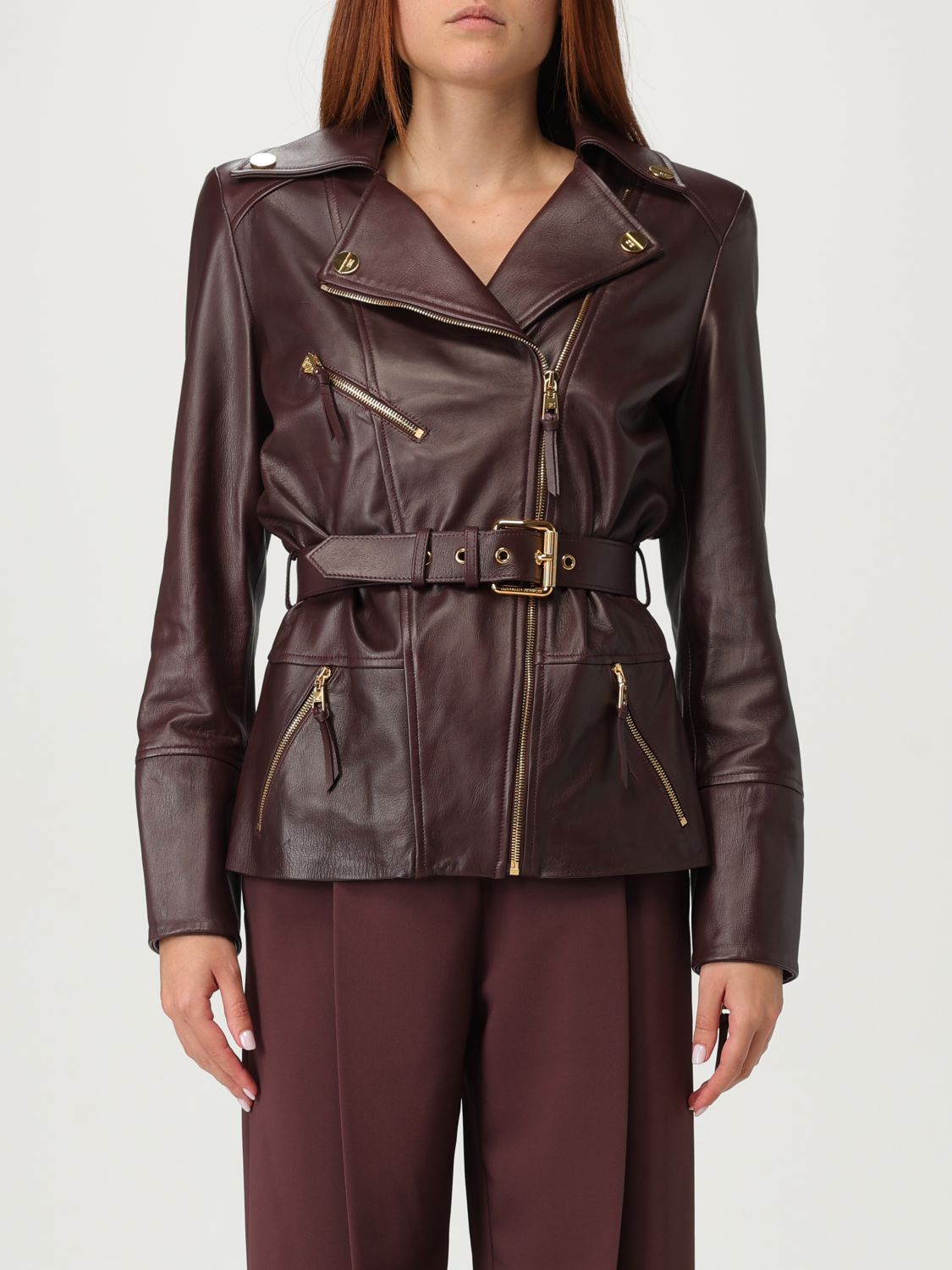 Elisabetta Franchi Long Sleeve Leather Jacket In Black