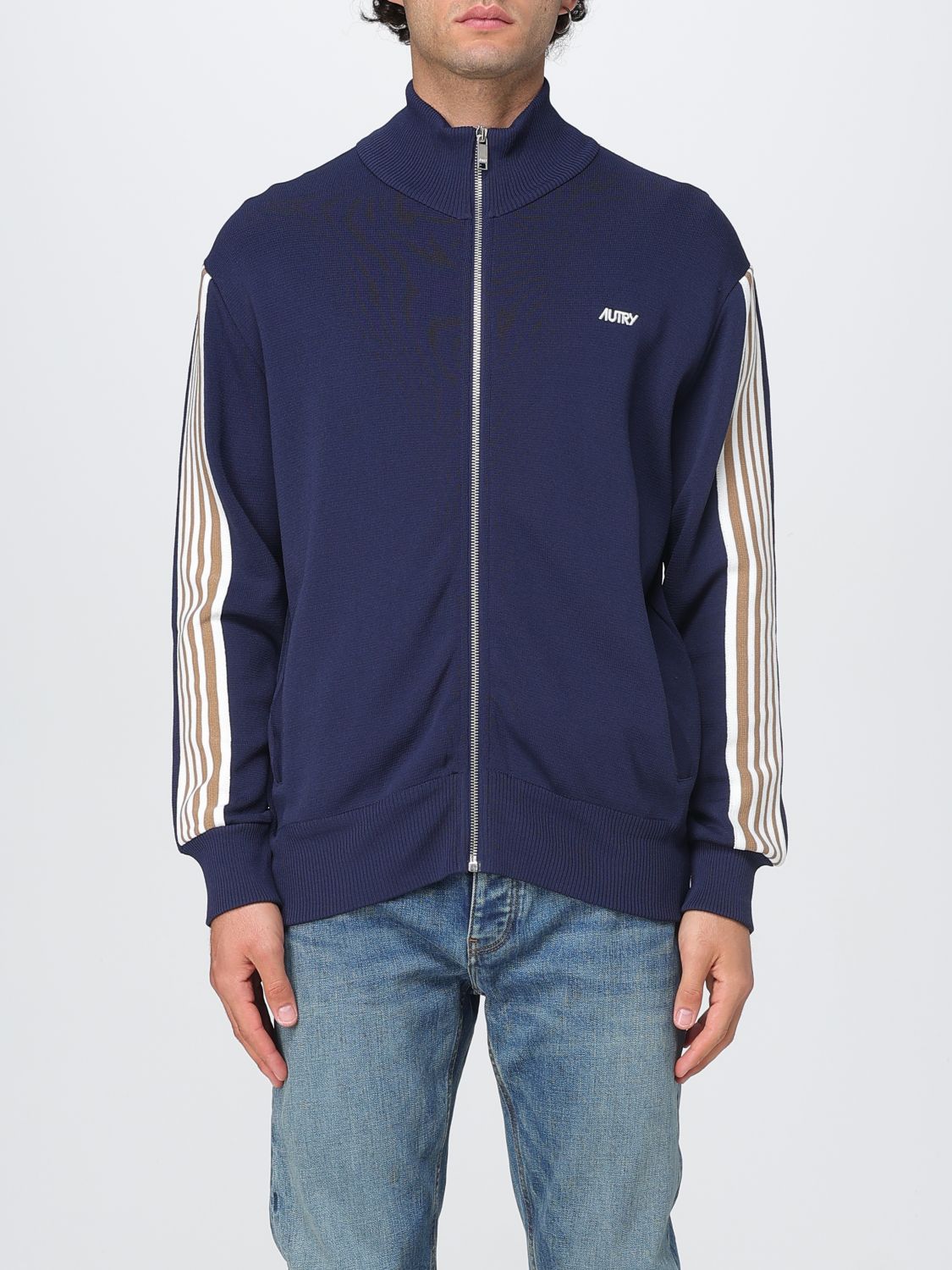 Autry Embroidered High Neck Jacket With Ribbed Cuffs In Blue