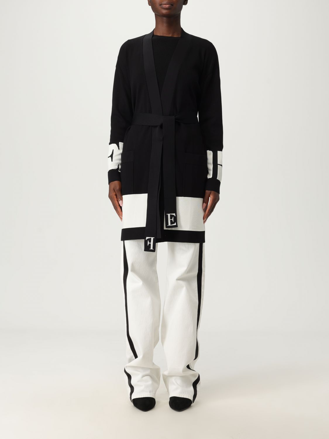 Elisabetta Franchi Stripe-panel Belted Cardigan In Black