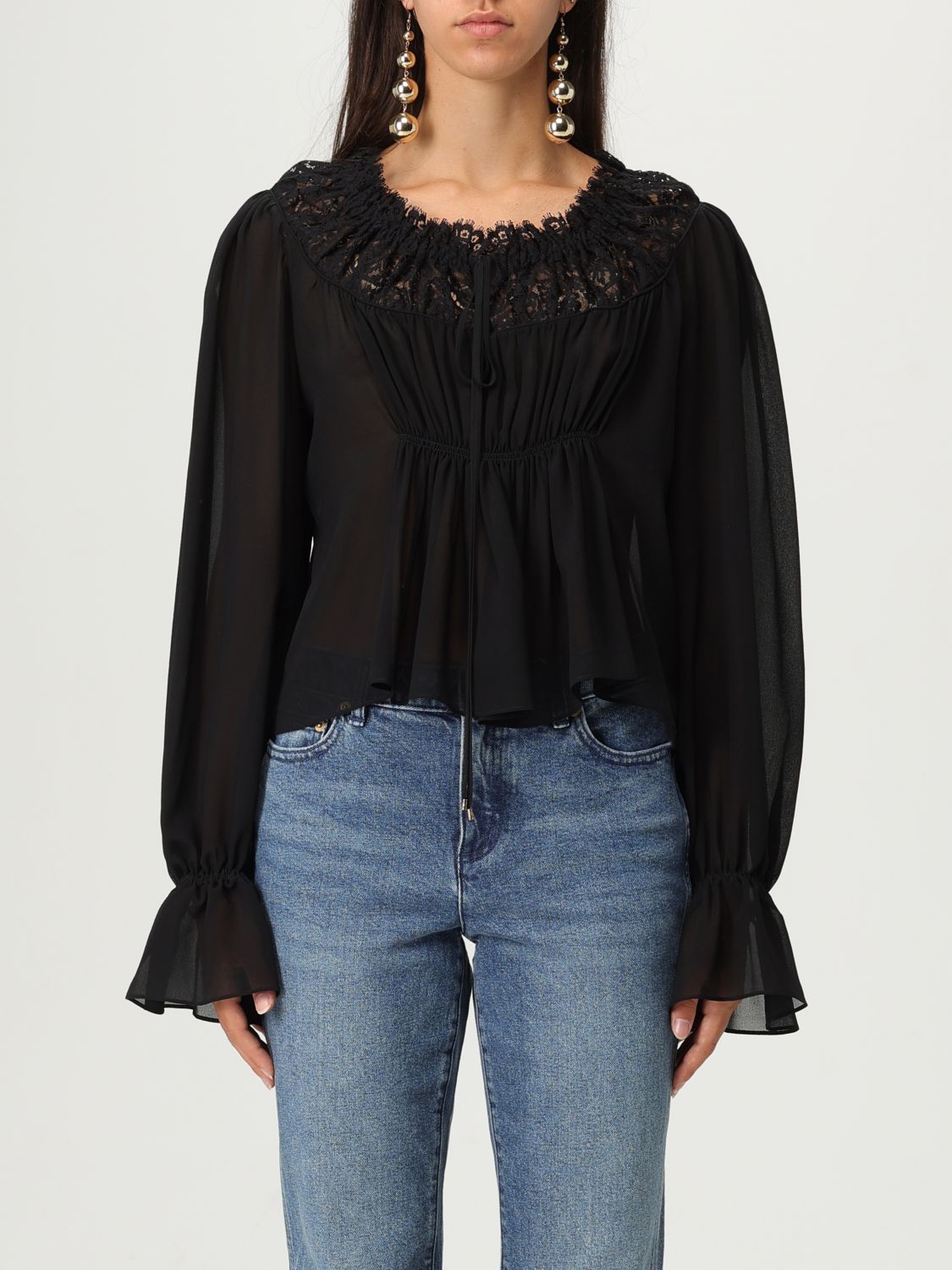 Chloé Gathered Lace-trimmed Silk Georgette Blouse In Black