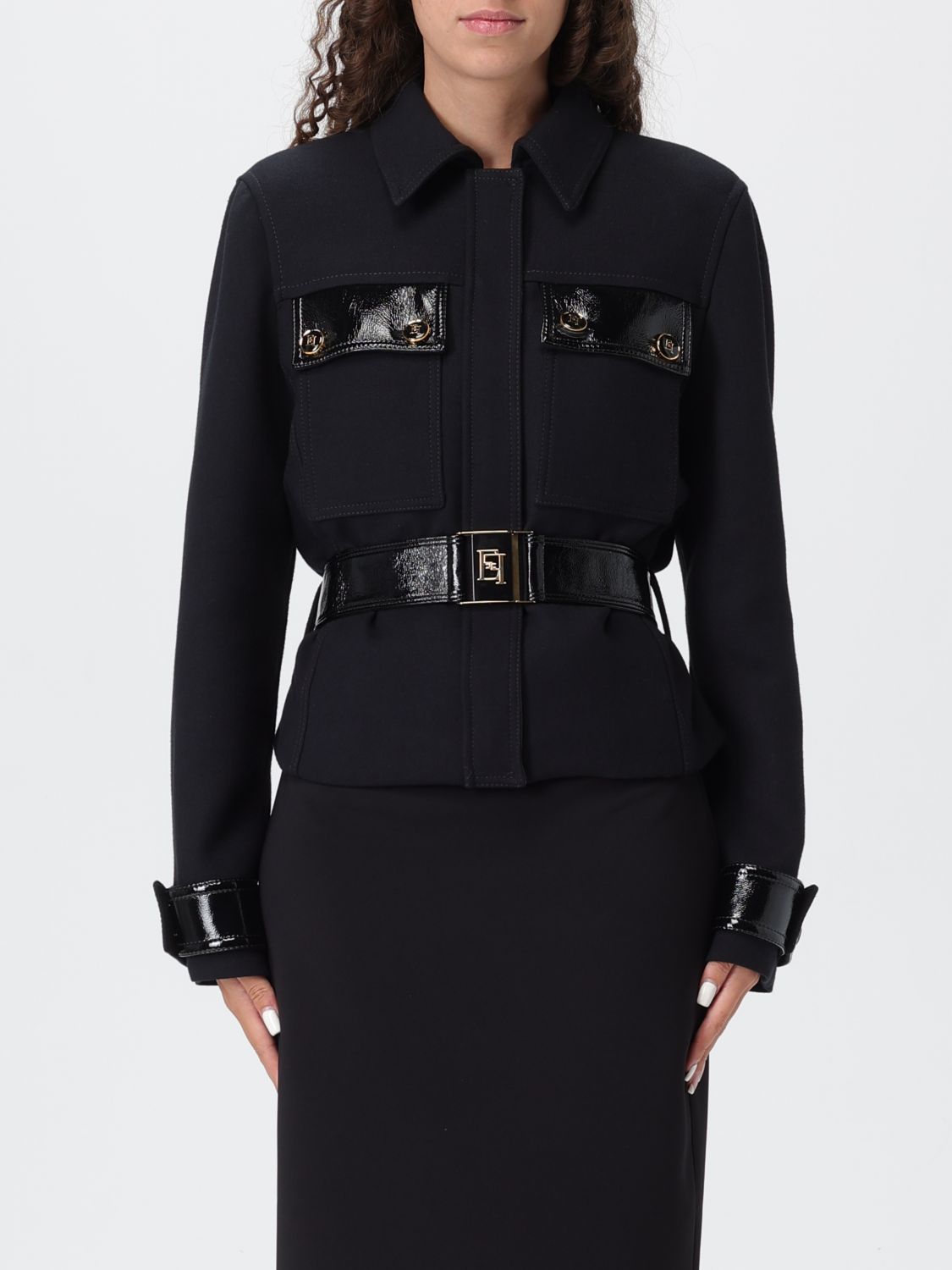 Elisabetta Franchi Belted Fitted Jacket With Glossy Accents In Black