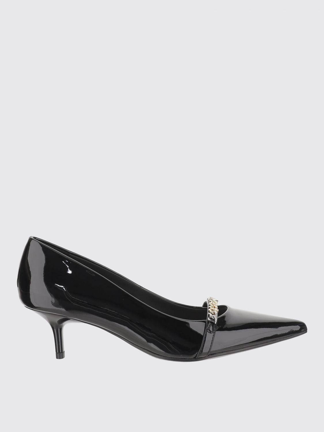 Pinko Glossy Leather Pump With Pointed Toe And Logo Chain Detail In Black