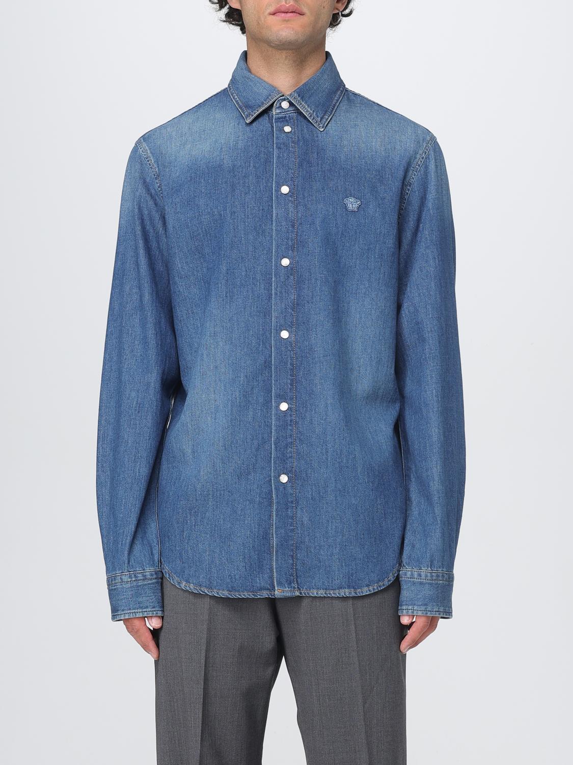 Versace Logo-appliquéd Denim Shirt In Blue