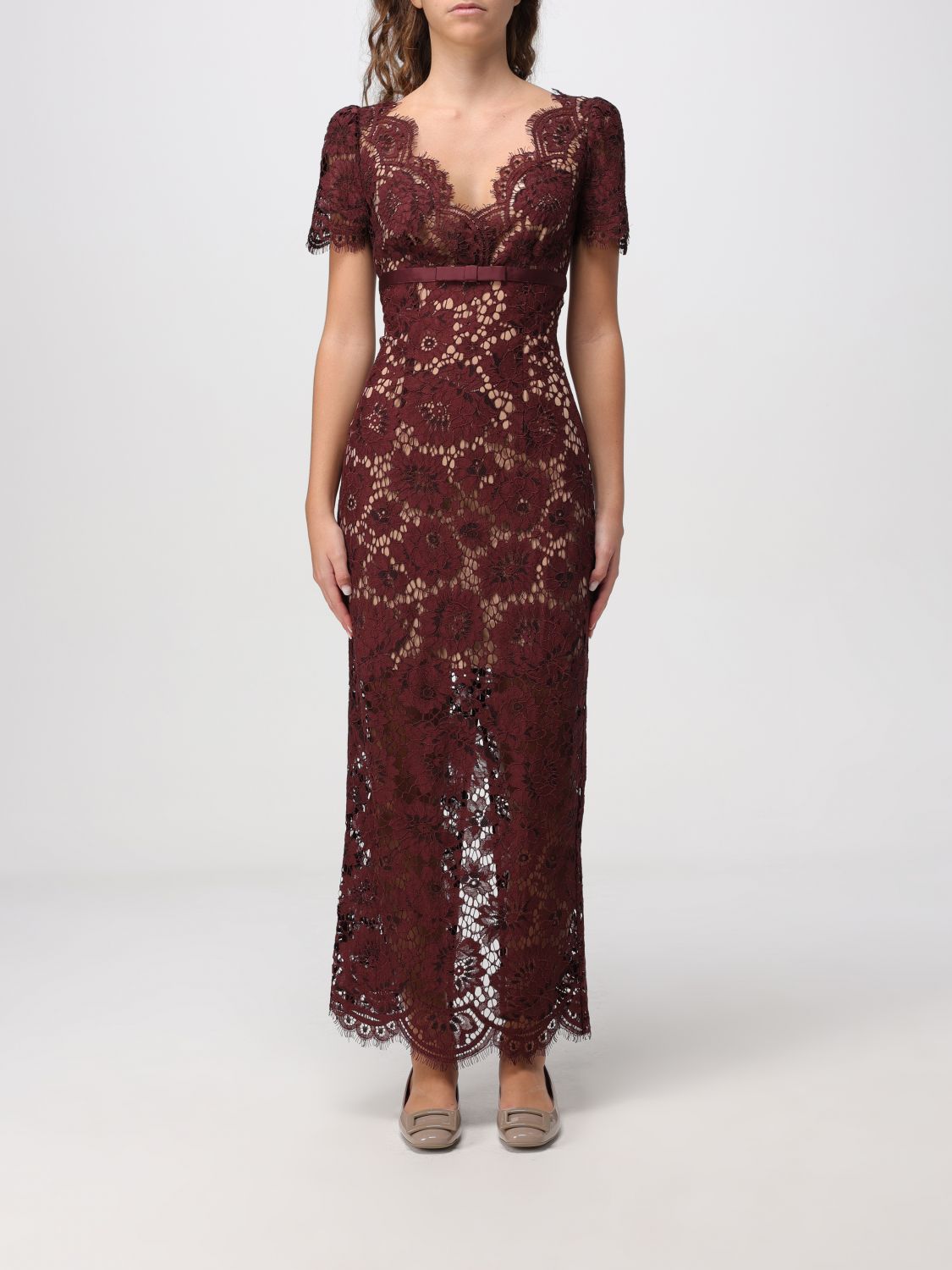 Self-portrait Womens Burgundy Floral Lace Bow-embellished Woven Midi Dress In Brown