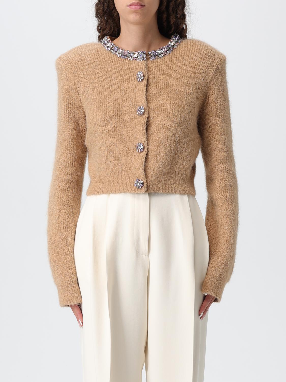 Self-portrait Camel Alpaca Cropped Cardigan With Crystal Trims In Brown