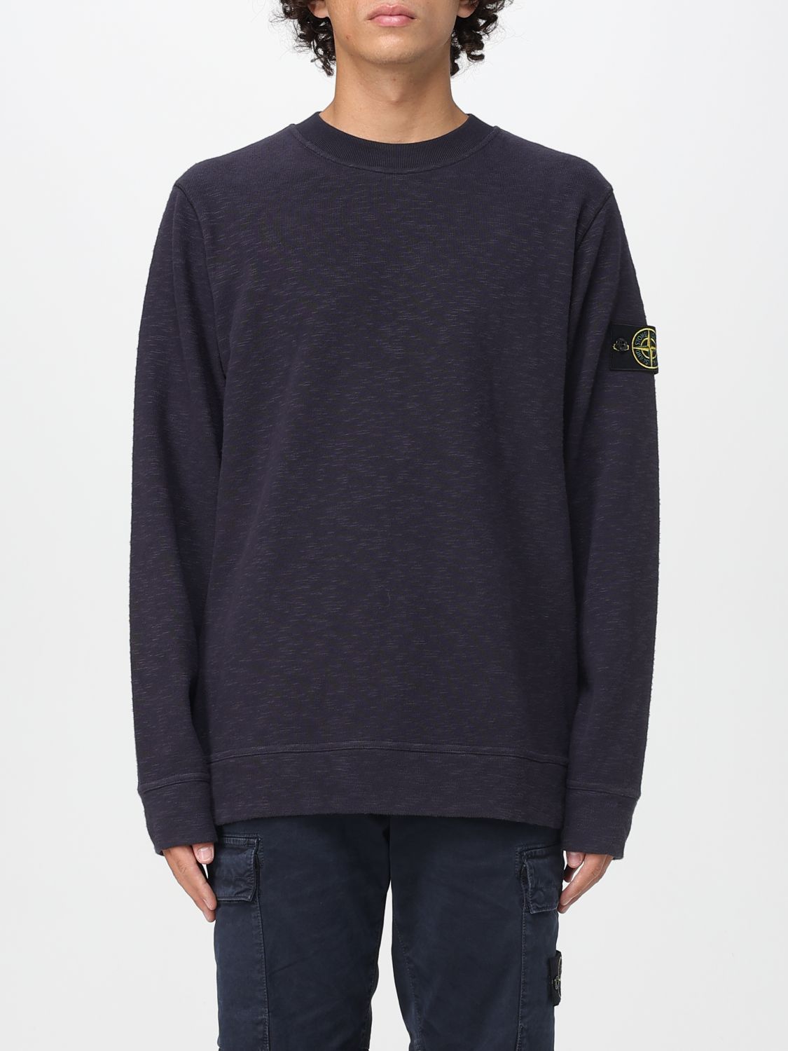 Stone Island Crew Neck Blue Sweater With Textured Fabric And Logo Patch In Blue