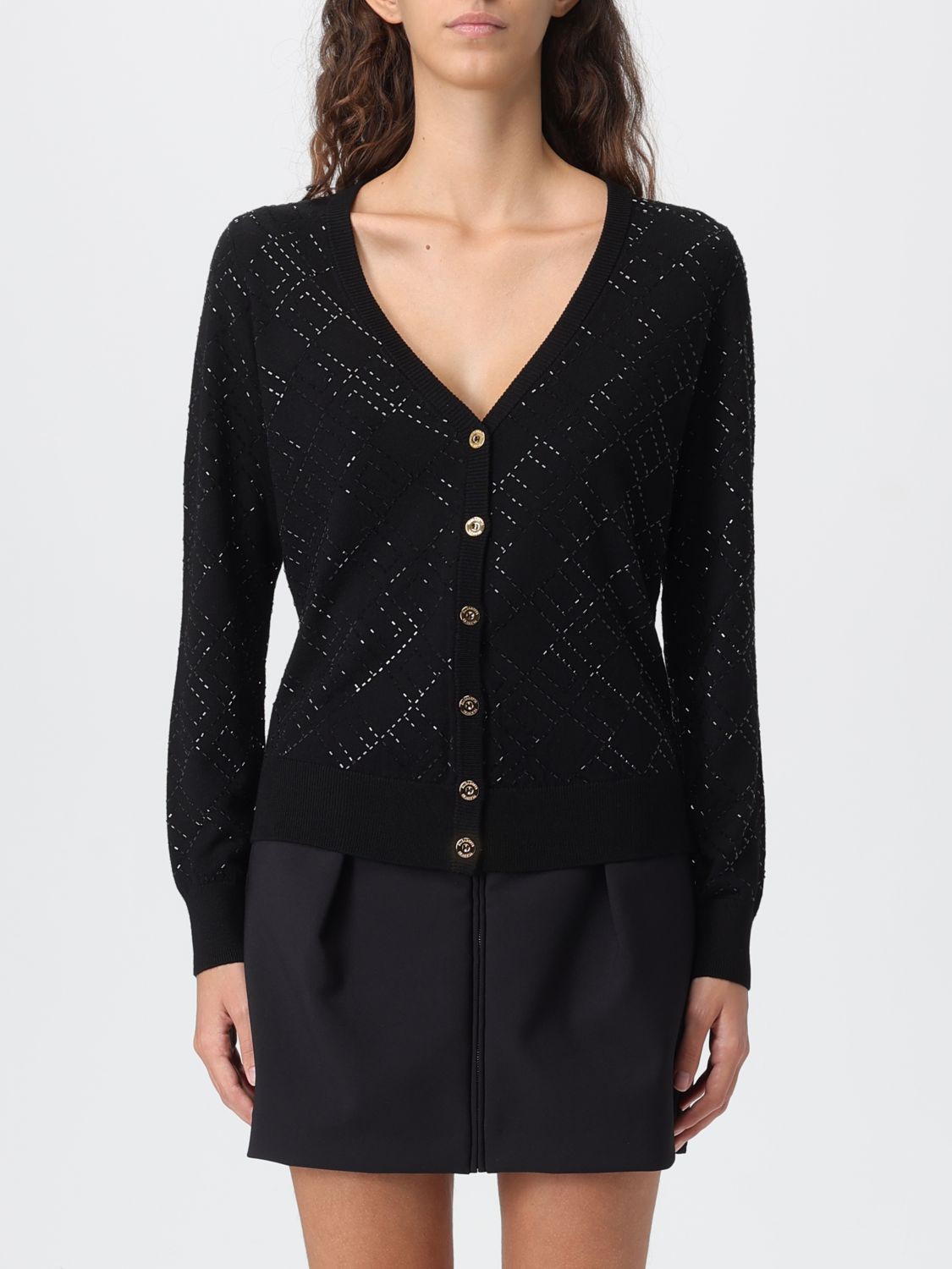 Elisabetta Franchi V-neck Textured Pattern Knitwear Cardigan In Black