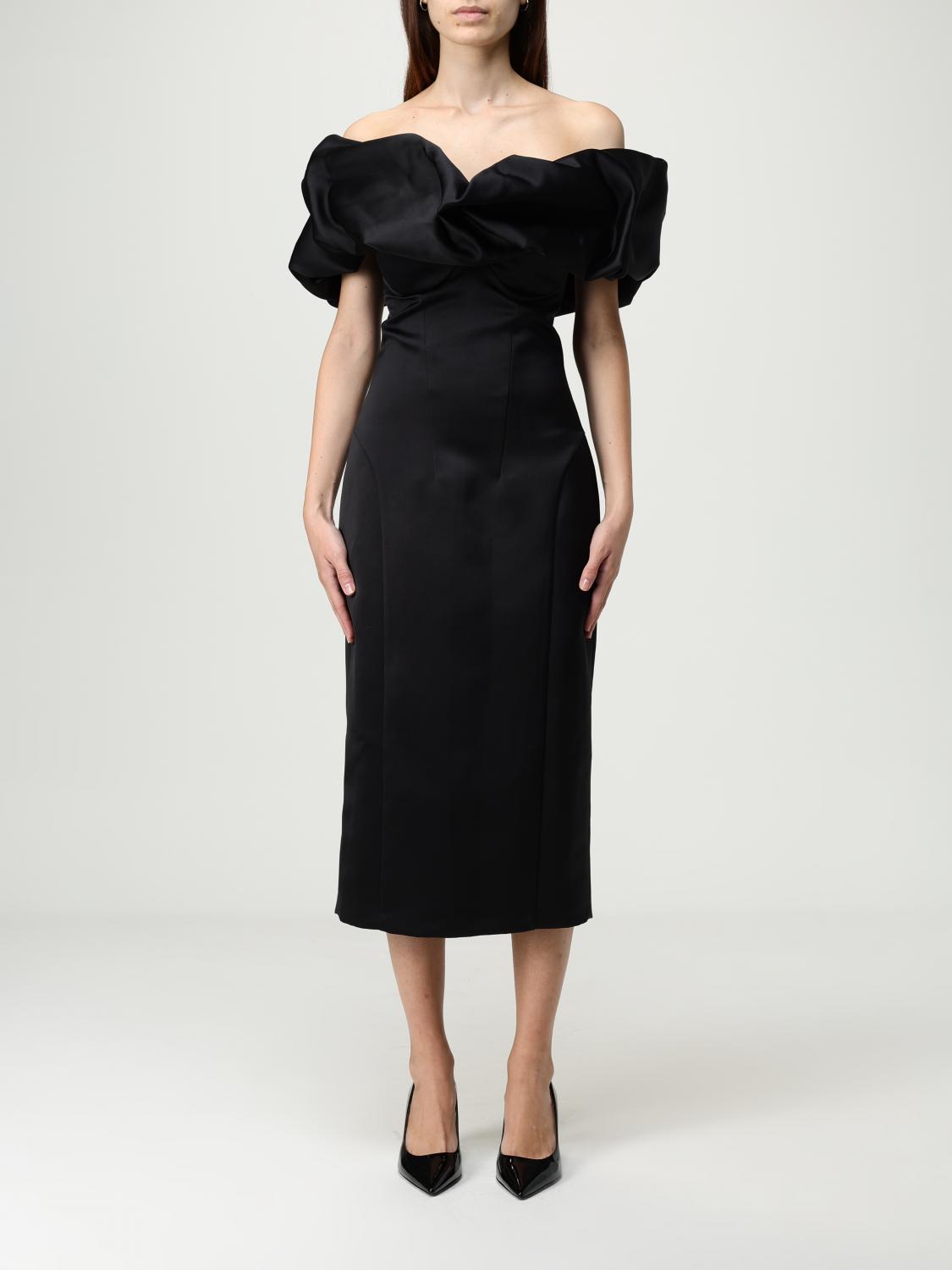 Elisabetta Franchi Dress In Duchess Satin With 3d Neckline In Black