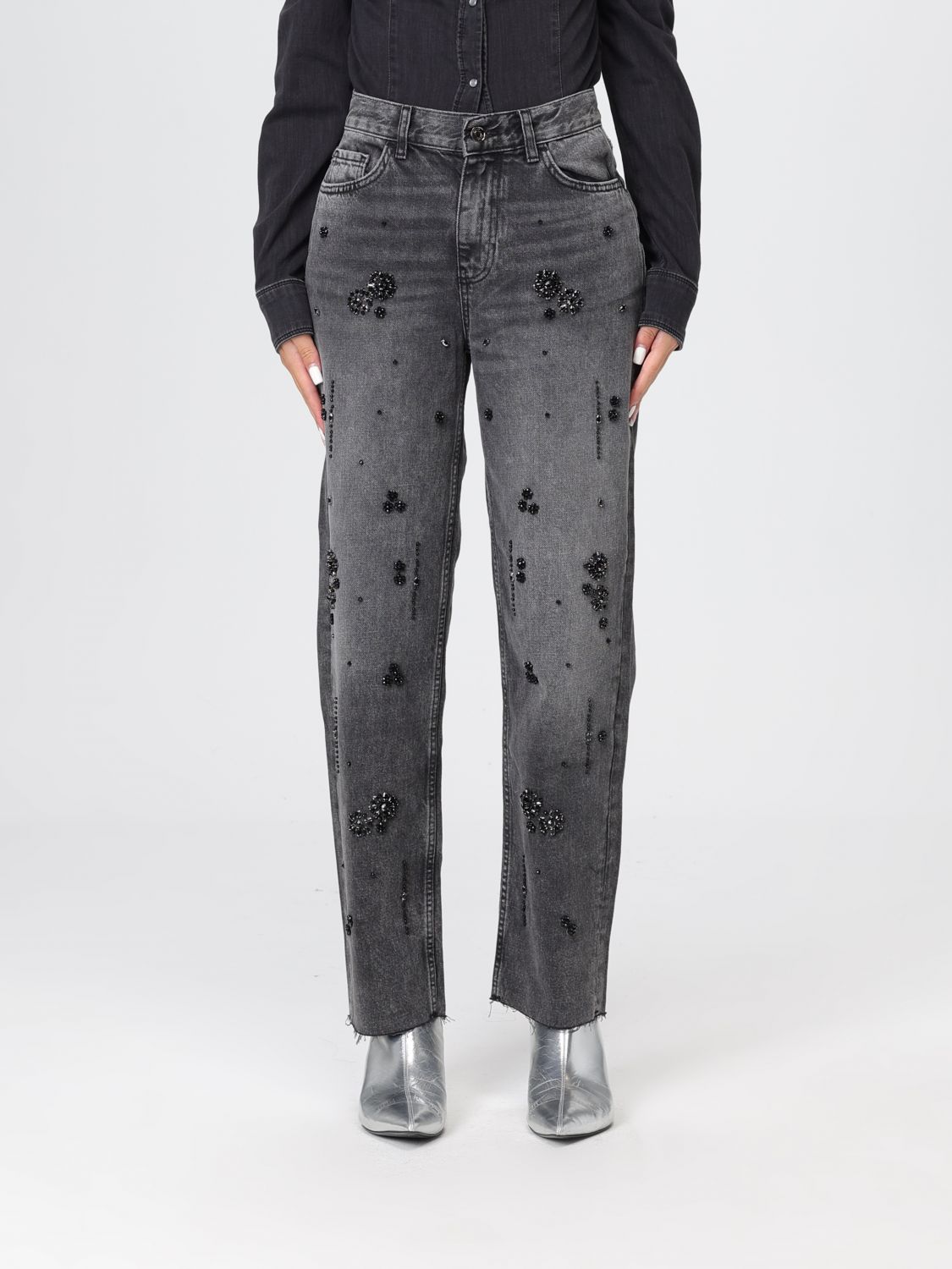 Liu •jo Straight-leg Denim Trousers With Rhinestones In Black