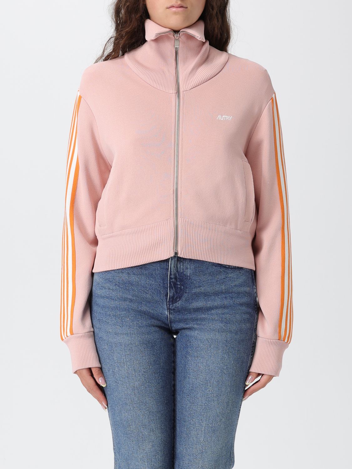 Autry Viscose Blend Jacket With Embroidered Logo And Contrasting Stripes In Pink