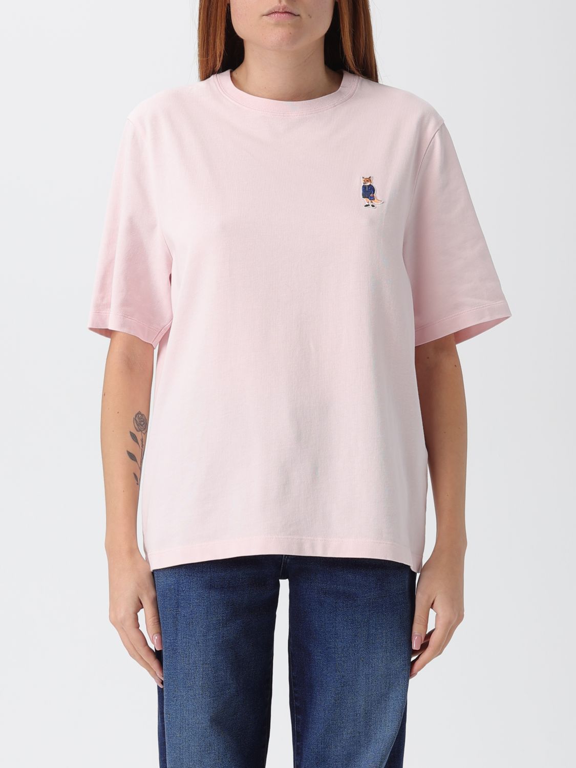 Maison Kitsuné Fox Motif Cotton T-shirt Embroidered Detail In Pink