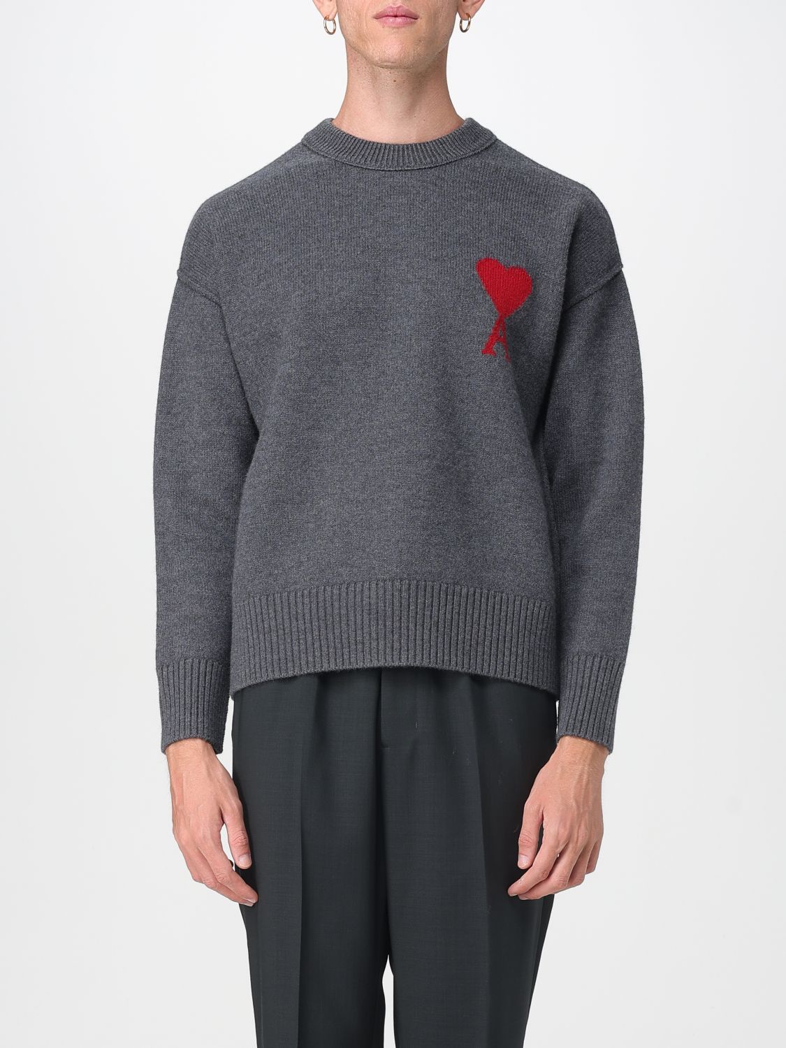 Ami Alexandre Mattiussi Crew Neck Long Sleeve Sweater With Ribbed Edges In Gray