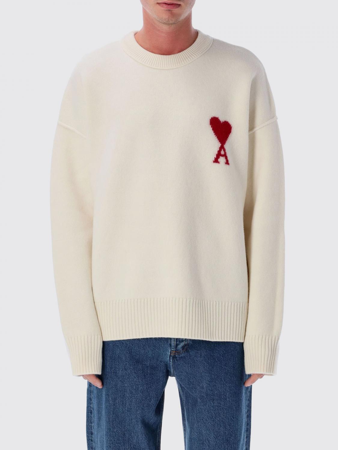Ami Alexandre Mattiussi Heart Friend Wool Sweater With Exposed Stitching In Neutral