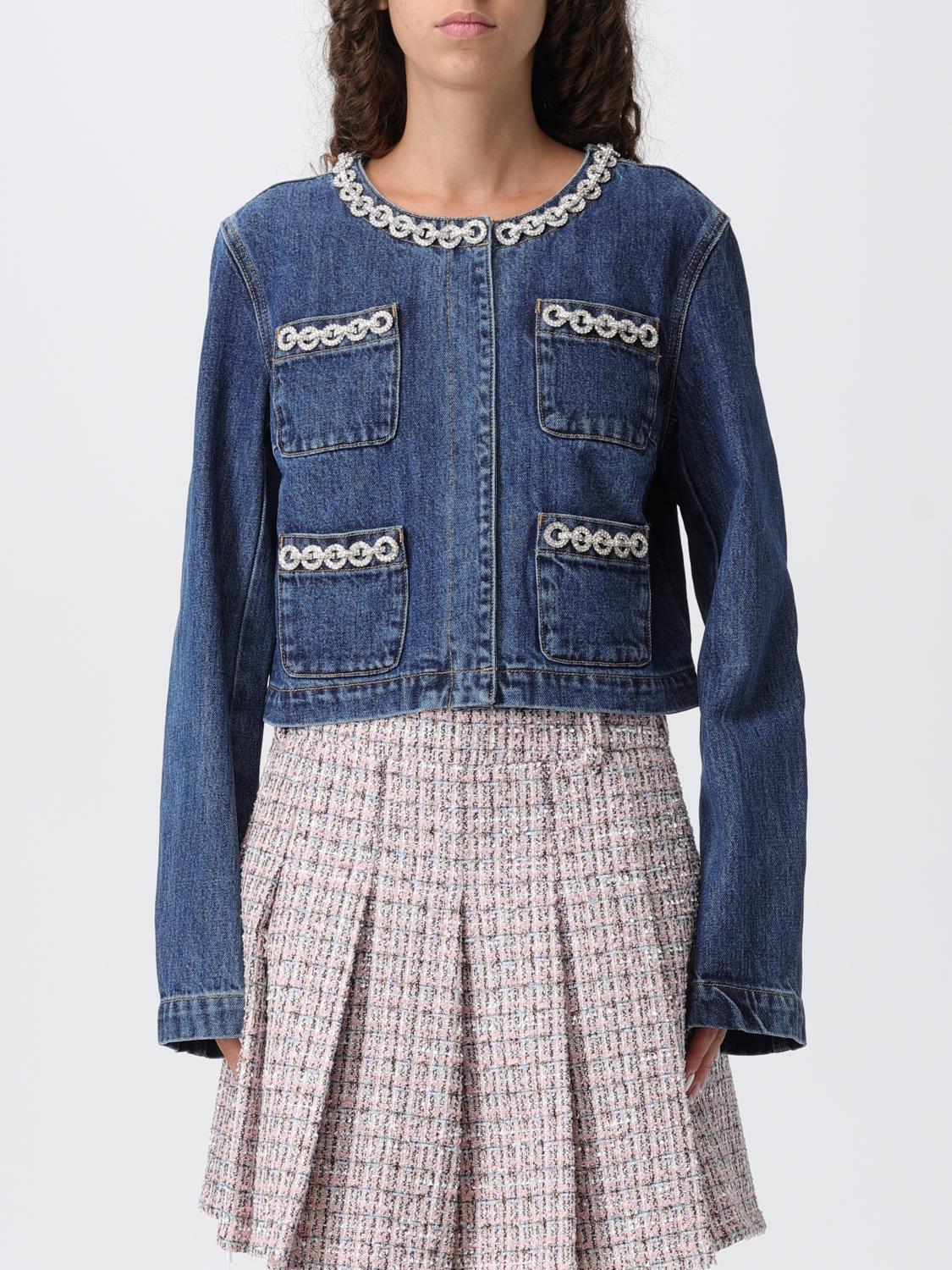 Self-portrait Embellished-pocket Denim Jacket In Blue