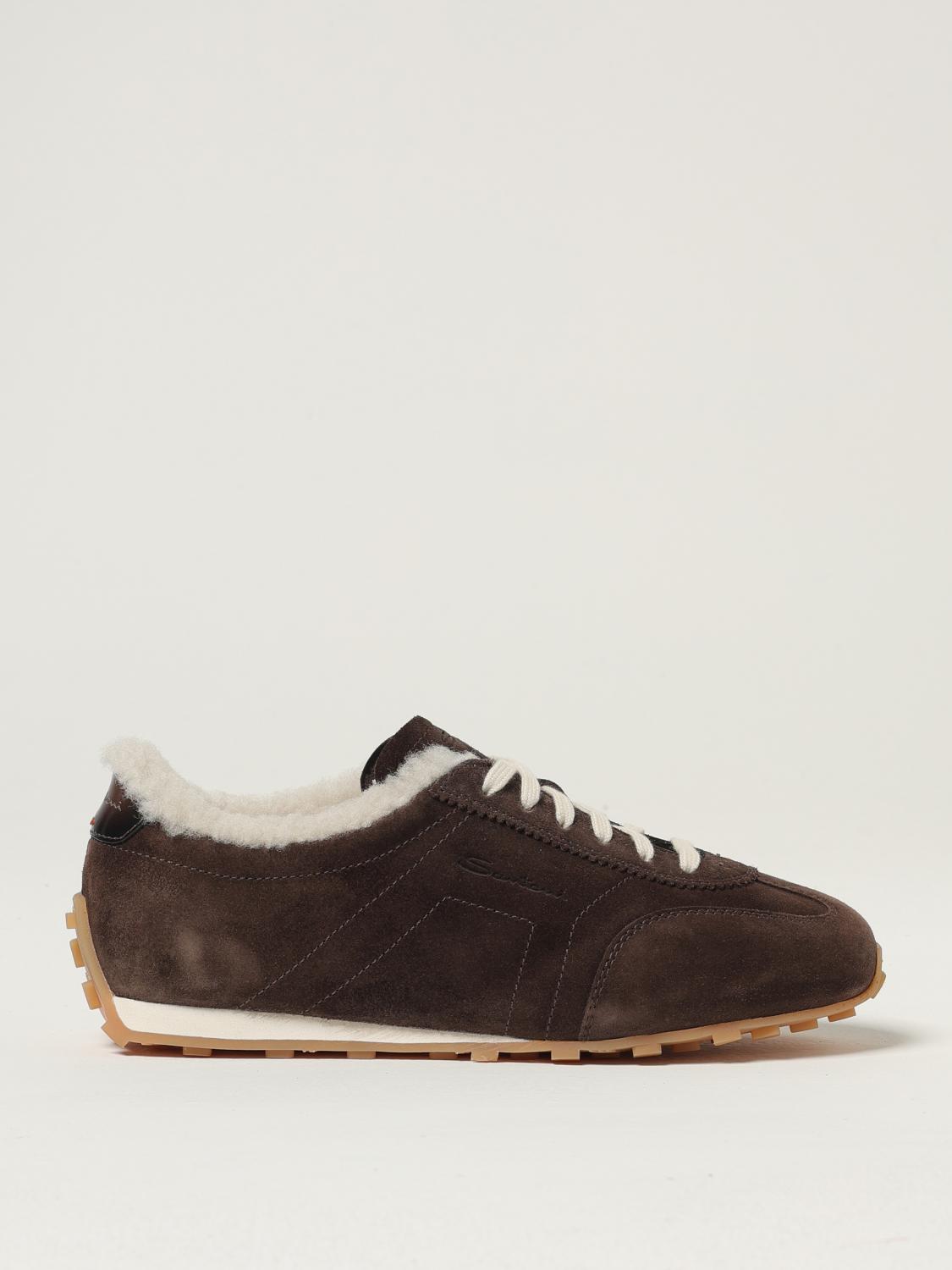 Santoni Suede Shearling Sneakers In Brown
