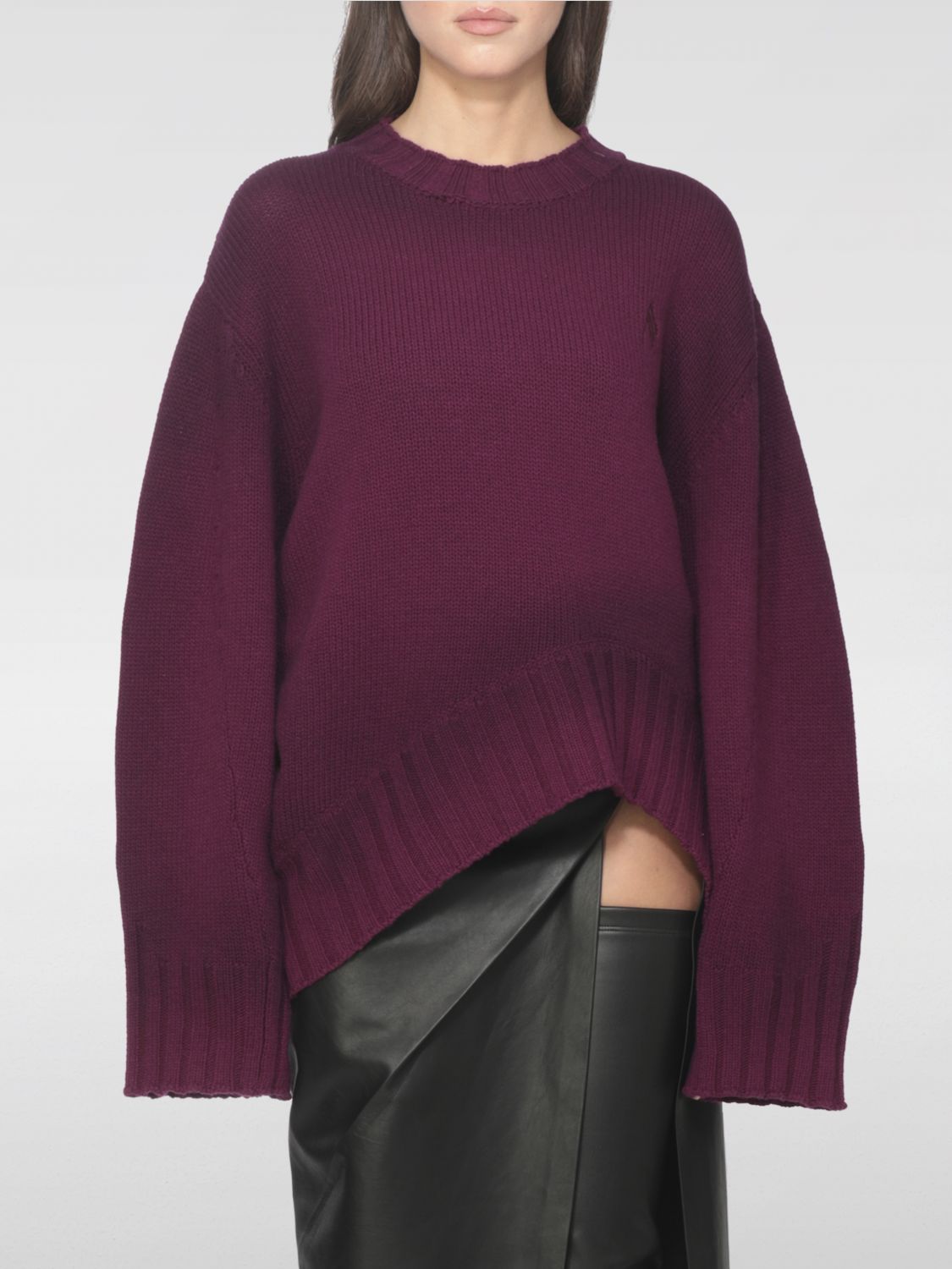 Attico Wool Crewneck Sweater With Asymmetric Flared Hem In Purple