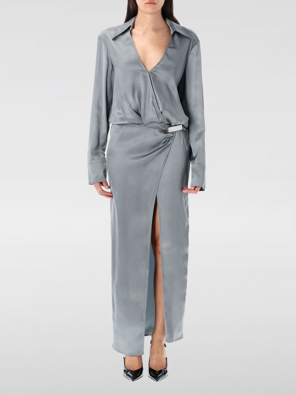 Attico Satin Dress Metallic Accent In Gray