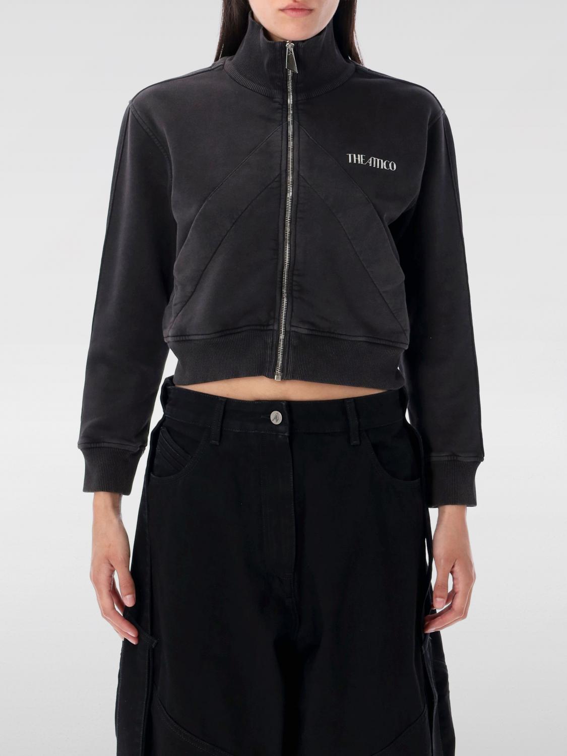 Attico Cropped Zip Fleece Ribbed Finish In Black