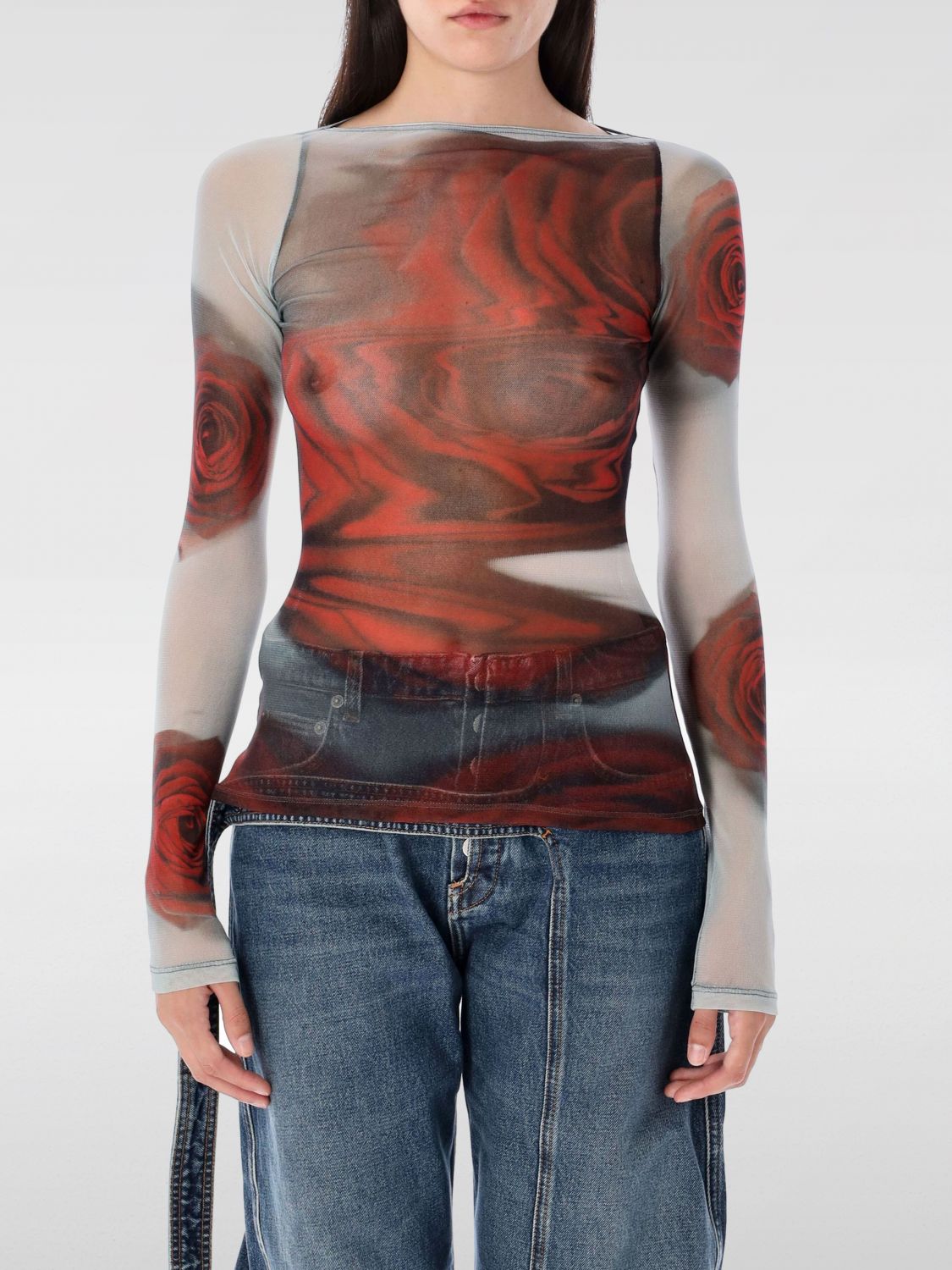Jean Paul Gaultier Women Blurry Roses Medaillon Print Mesh Boat Neck Top In Red