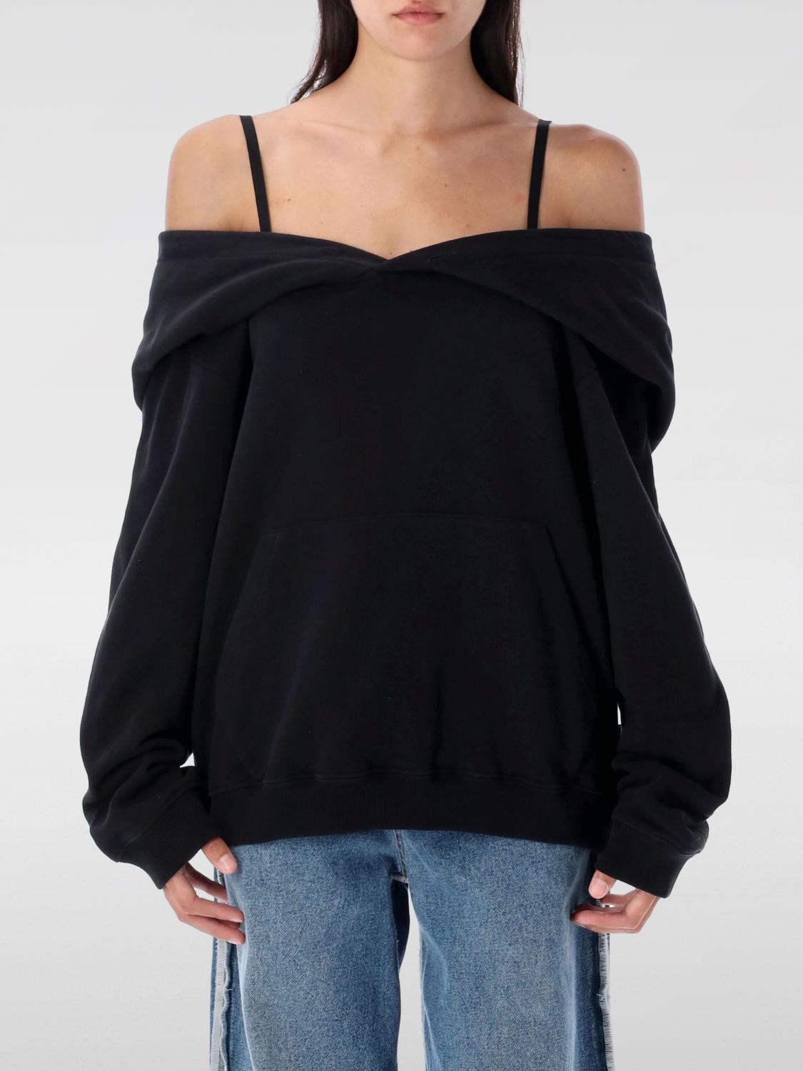 Mm6 Maison Margiela Off-shoulder Black Cotton Hoodie With Front Kangaroo Pocket In Black