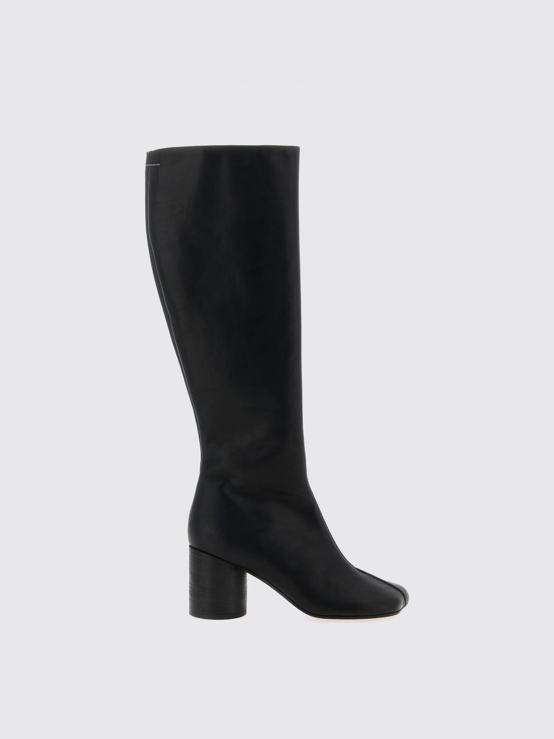 Mm6 Maison Margiela Stivale Knee-high Black Leather Boots With Anatomic Toe And Upper Stitching In Black