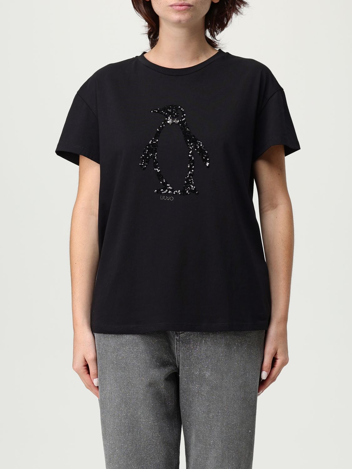 Liu •jo Crewneck Graphic Sequin Embellished T-shirt In Black