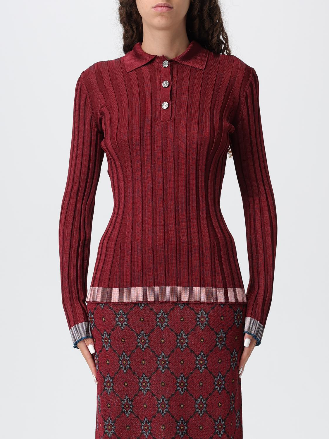 Etro Long Sleeve Polo With Collared Neck And Ribbed Texture In Burgundy