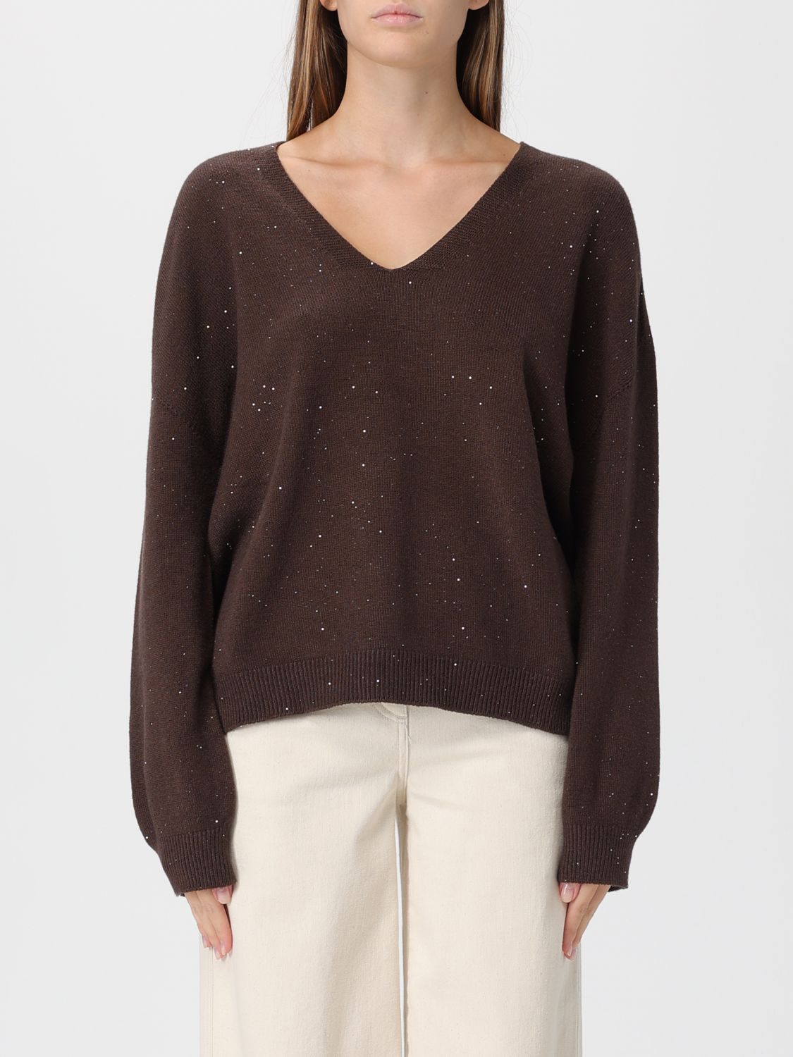 Liu •jo Speckled Knit Sweater With V-neckline In Brown