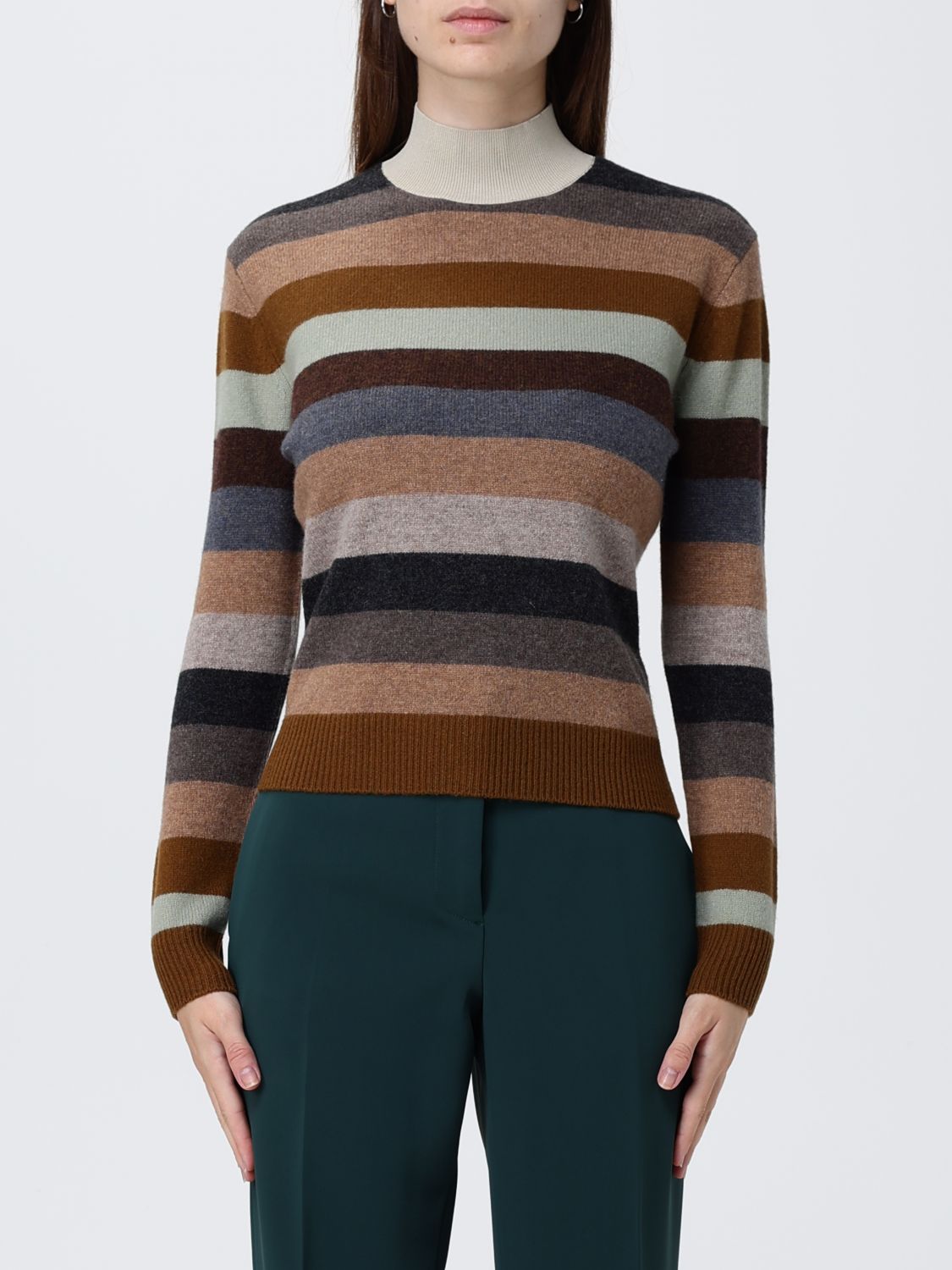 Tory Burch Striped Merino Wool Turtleneck Sweater With Ribbed Details In Multi